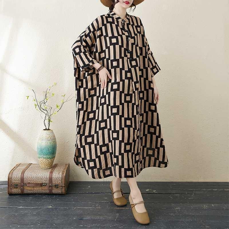 Платье для отпуска 2025 года с принтом и воротником-стойкой, свободного покроя, очень большого размера