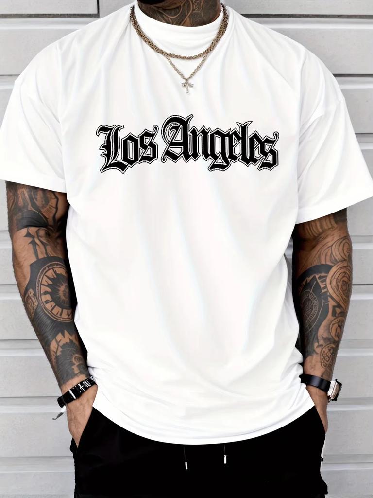 Men's Summer 100 Cotton Fashionable Casual Loose Plus Size Los Angeles Letter Printed Sports Round Neck Short Sleeved 2D T-shirt