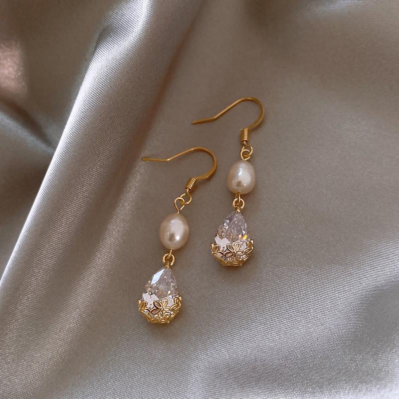 Лучшие Распродажи Модные Серьги-капли Женские Позолоченные 14K с Блестящими Фианитами Цирконами и Пресноводным Жемчугом Подарки на День Рождения