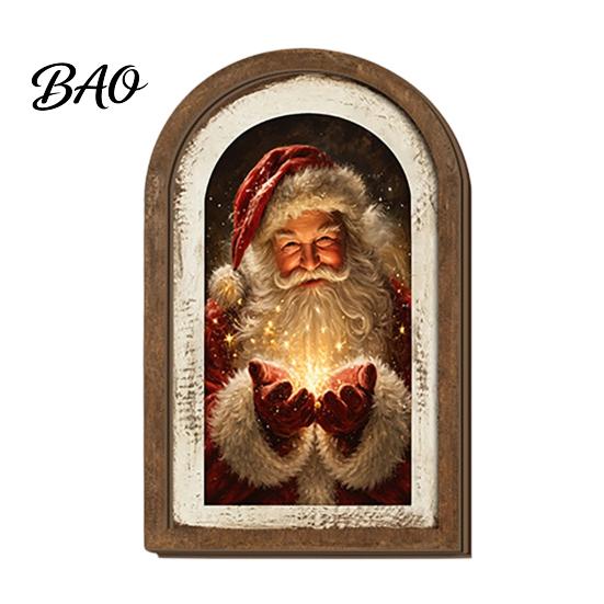 Indoor Christmas Ornament Set Vintage Arched Wooden Photo Frame with Illustration, Retro Distressed Wall Art for Holiday Tabletop Desktop And