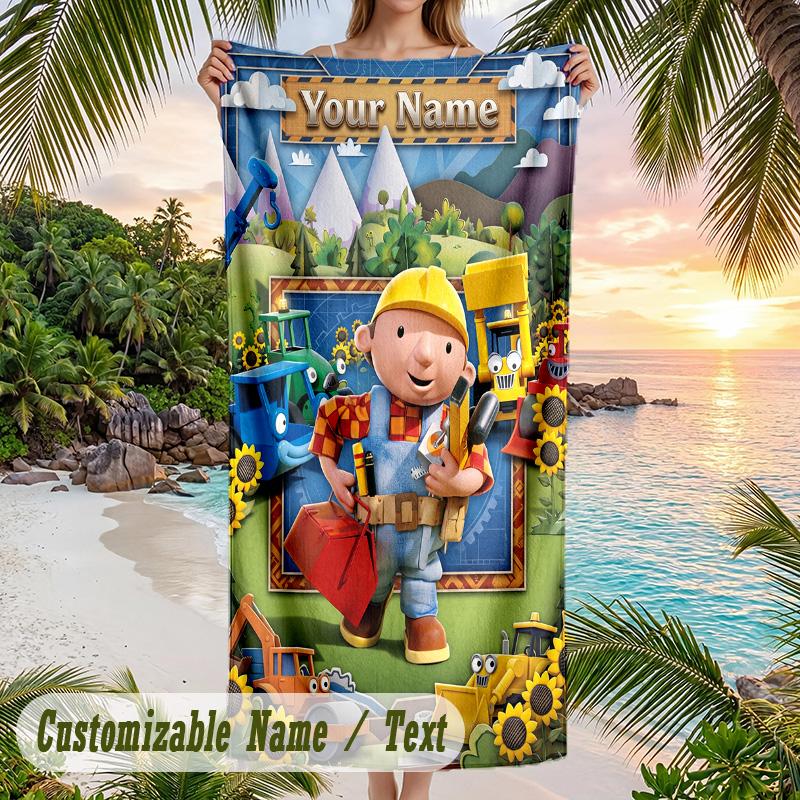 Bob the Builder Beach Towel, Personalized Custom Text, Quick Dry Soft Large Towel For Swimming Pool Travel