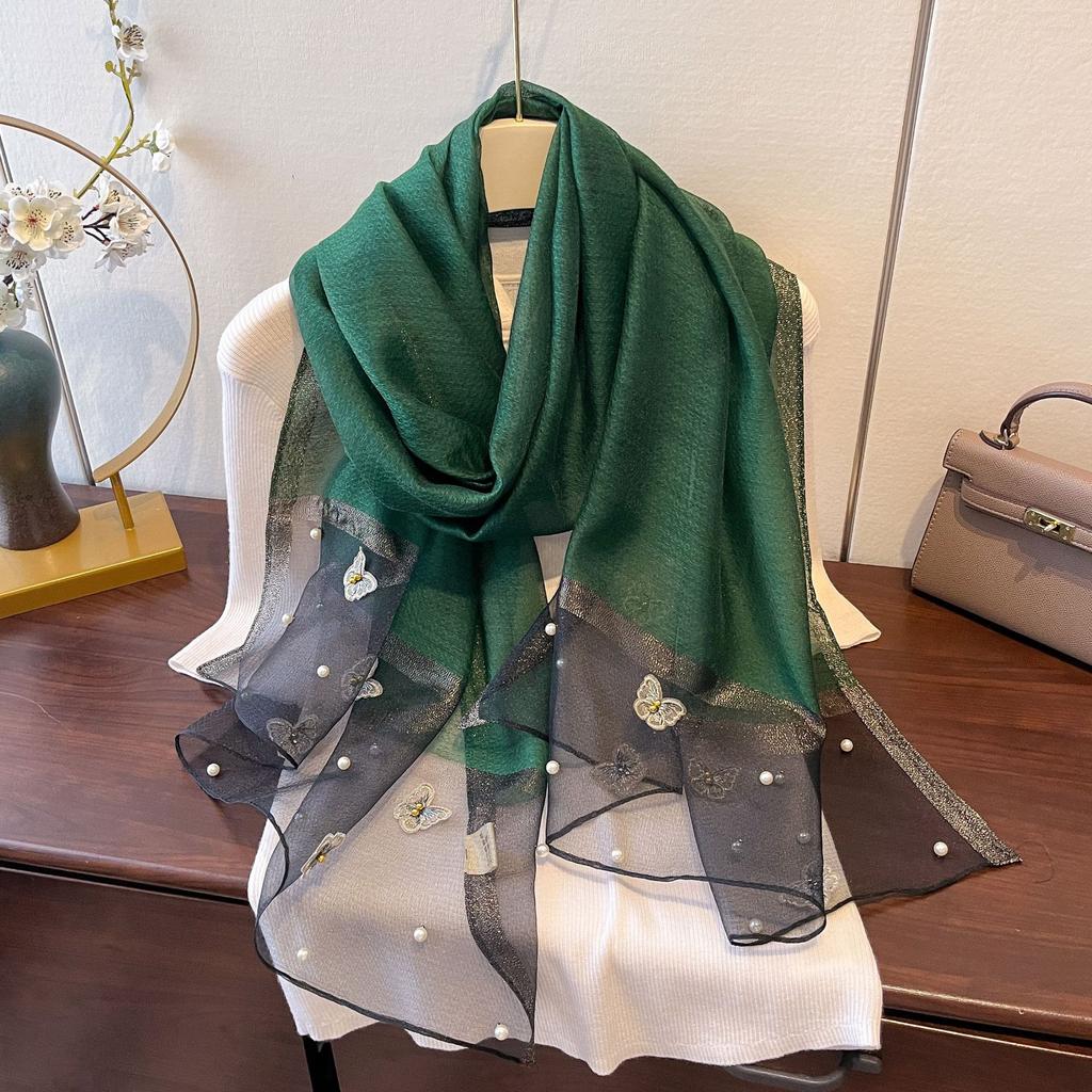 New Versatile Shawl Imitation Silk Thin Silk Scarf for Women Spring and Summer Butterfly Pearl Light Luxury Fashionable Warm Neck Protection Shawl