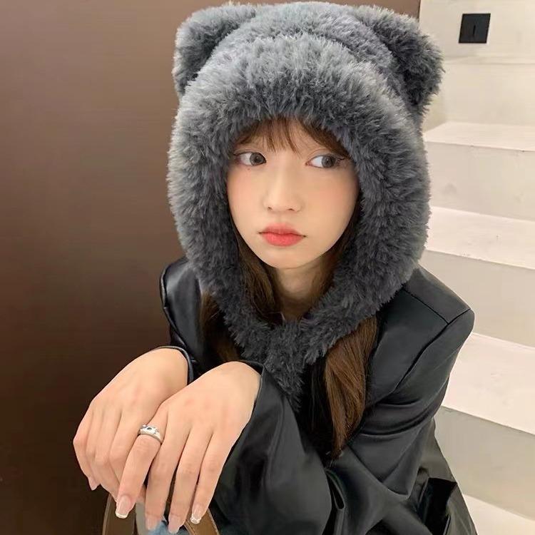 Милая вязаная шапка с маленьким мишкой для женщин, плюшевая толстая шапка плюс бархатная толстая защита ушей, шерстяная шапка от холода