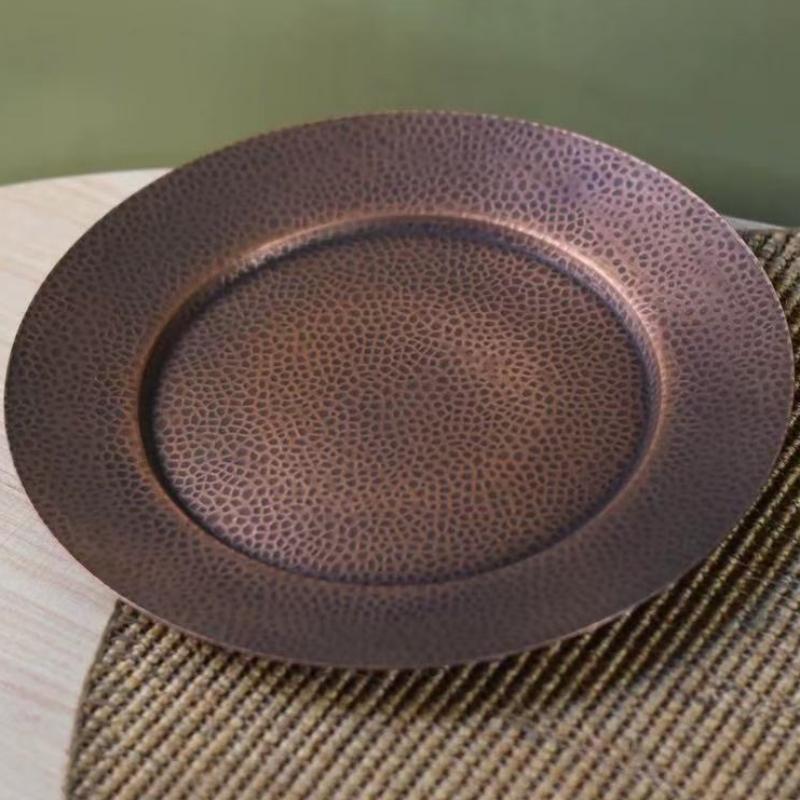 Round Shape Copper Snack Tray,Retro Engraving Luster Hammer Texture Home Food 28 cm Plate,Cheese Fruit Disc Table Decorationk