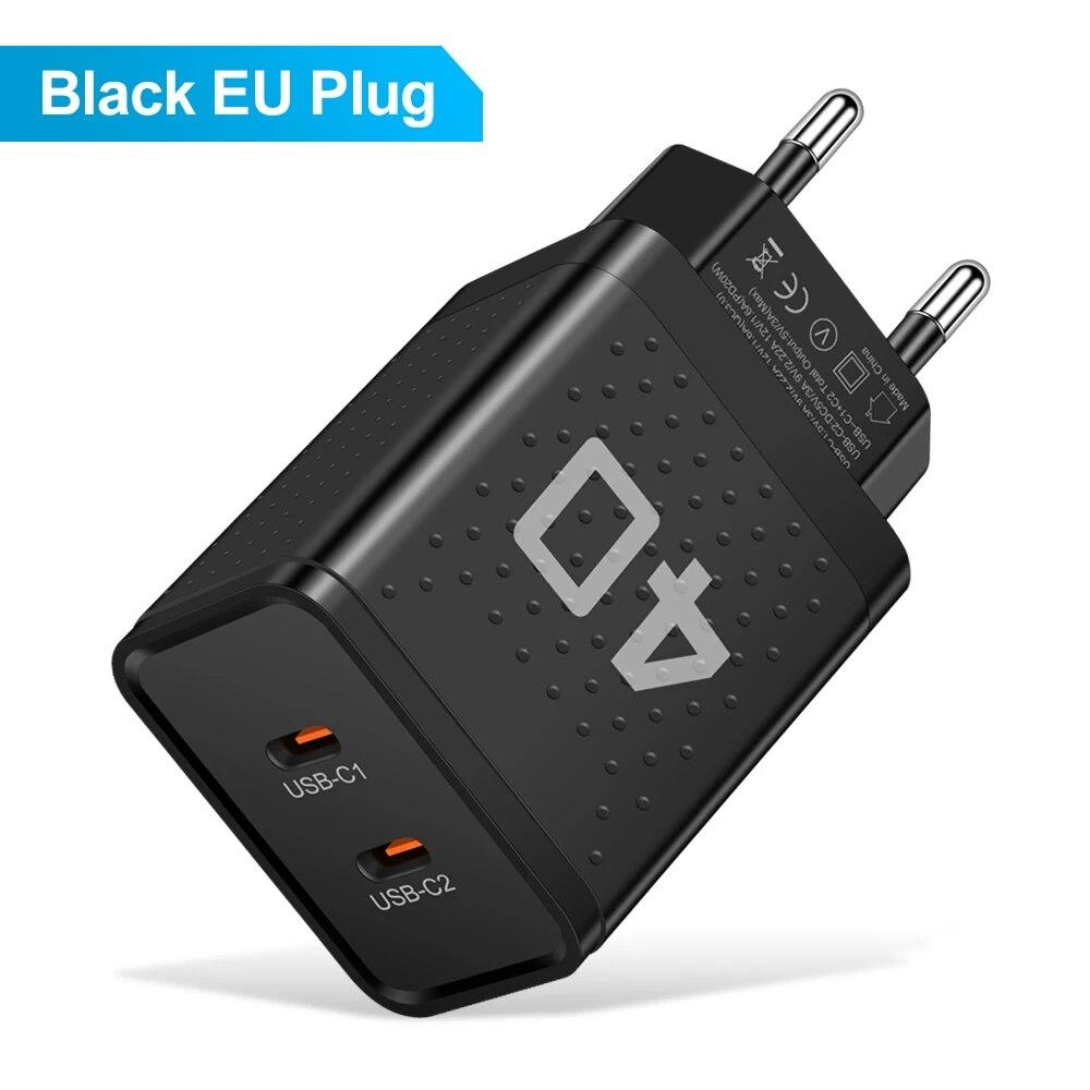 Общая мощность 40 Вт 2 порта USB C Зарядное устройство Быстрая зарядка Type C для iPhone 14 15 Xiaomi Samsung Адаптер Quick Charge QC 3.0