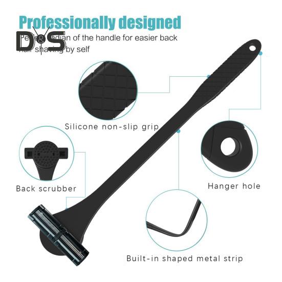 2-In-1 Men Back Shaver with Silicone Long Handle Bath Shower Body Back Scrubber Hair Trimmer Ergonomic Manual Wet Dry Hair Remover Tools