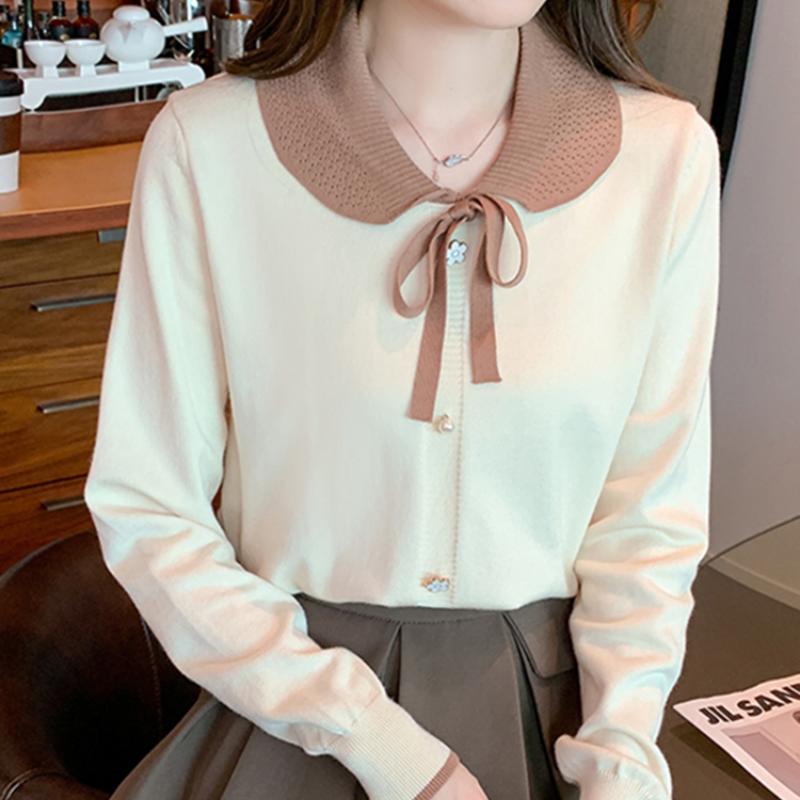 Fashion Sweet Peter Pan Collar Knitted Shirt for Women Autumn and Winter Slim Long Sleeve Women's Blouse Vintage Solid Bow Tie Ladies Tops 24742