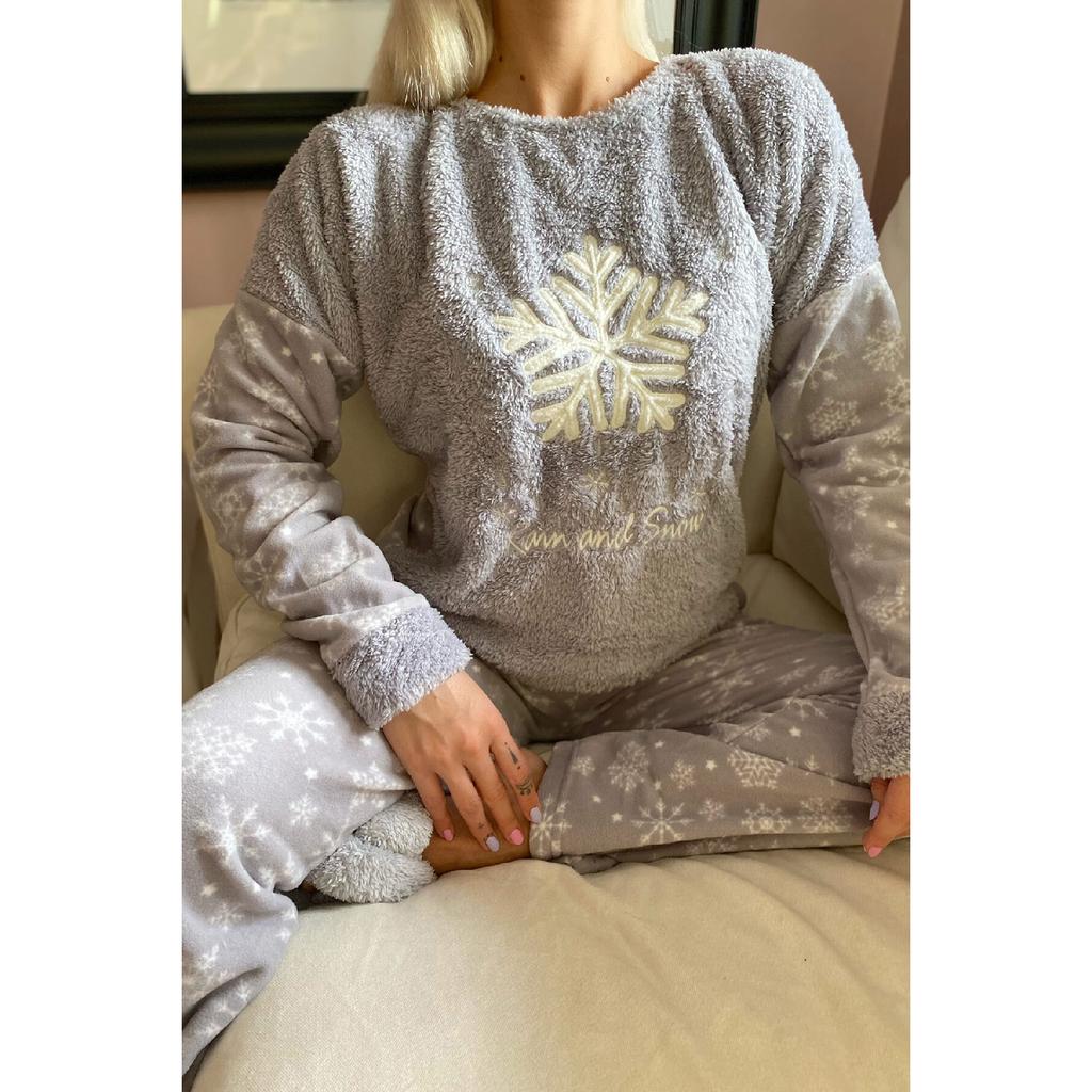 Женский плюшевый пижамный комплект с рисунком снежинок и пудры