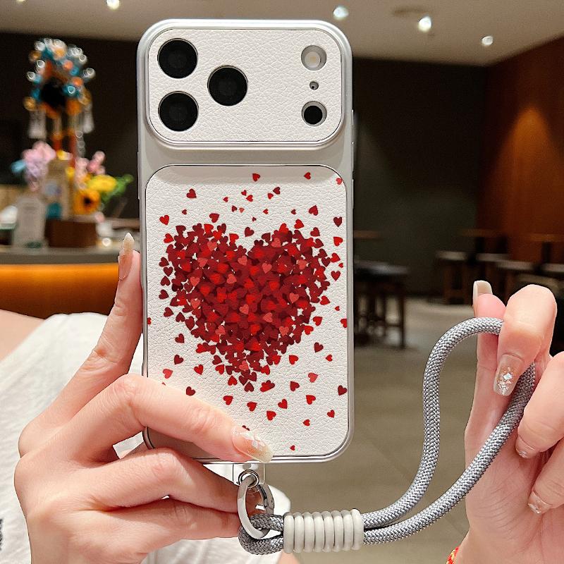Кожаный чехол-шнурок с принтом сердечек для iPhone 18 Pro Max Гибридный ТПУ+ПУ Противоскользящая мягкая крышка для iPhone 17 16 15 14 13 Pro Max