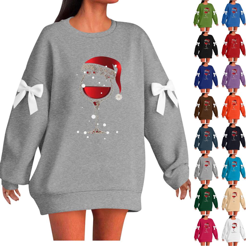Ladies' Christmas Printed Bow Round Neck Long Sleeved Loose Pullover Sweater Sweatshirt Top