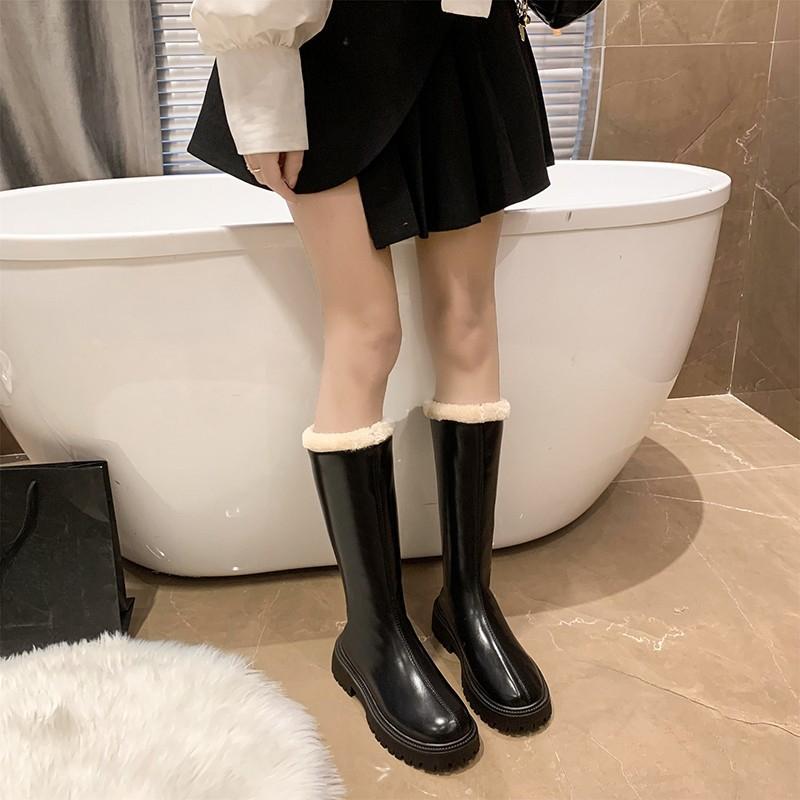 Утолщенные длинные сапоги женские осенне-зимние модные сапоги с бархатной застежкой-молнией сзади и необработанным краем, водонепроницаемые сапоги на платформе для женщин