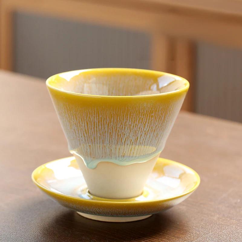 Японская креативная коническая плавная глазурованная грубая керамическая ретро-чашка для кофе Керамическая чашка для латте Цветочная чашка Тарелка Домашний кухонный чайный сервиз