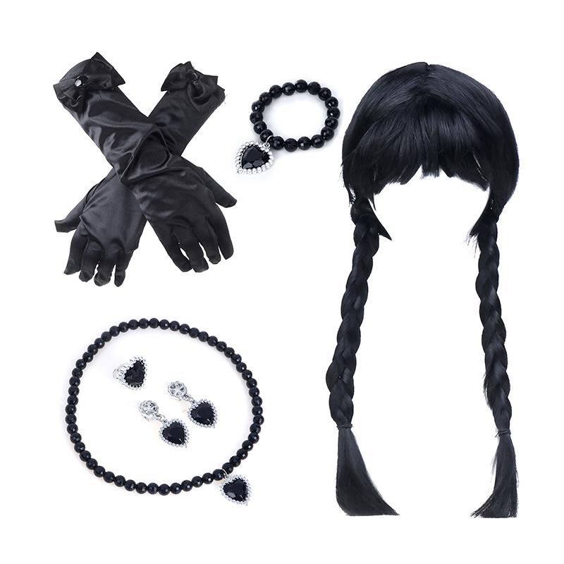 1 комплект костюмов для косплея Wednesday Addams, парики, ожерелье, серьги, браслет, перчатки, взрослые, детские платья, костюмы для вечеринки на Хэллоуин