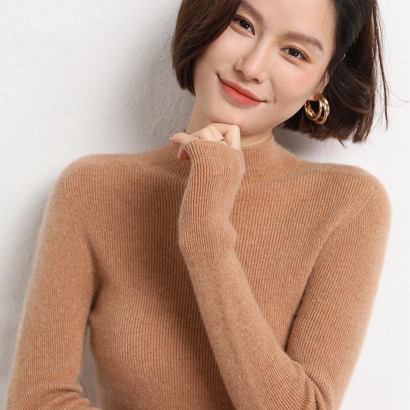 Autumn and Winter Semi High Neck Pullover Sweaters for Women Slim Fit Solid Casual Knitted Base Sweater Ladies Fashion Simple Elegant Knitwears 25061
