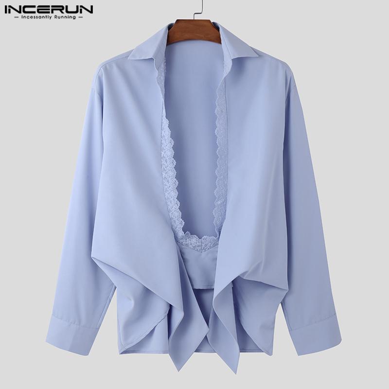 INCERUN Mens Deep V Neck Lace Hem Long Sleeve Irregular Bow Knot Loose Shirts Tops