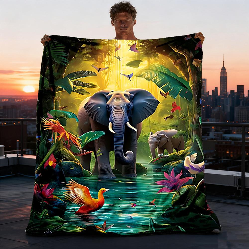 1pc Jungle Elephant Print Outdoor Blanket, Lightweight Polyester,