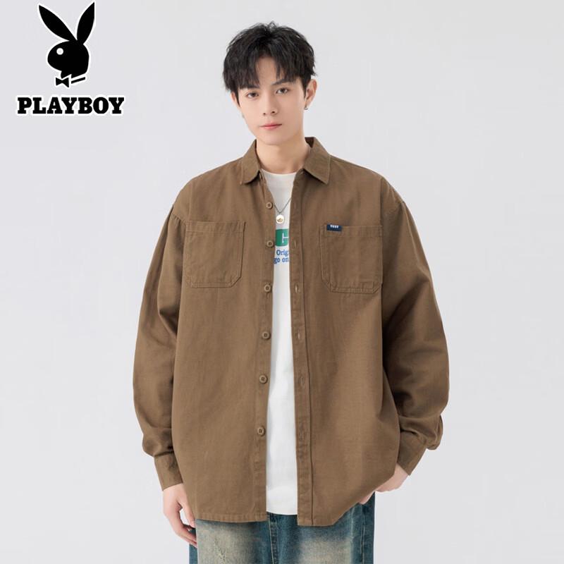 PLAYBOY Мужская повседневная рубашка с длинным рукавом из плотного чистого хлопка