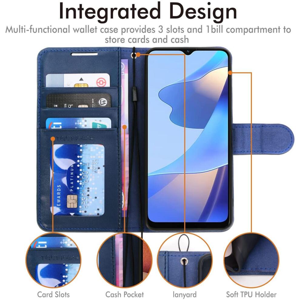TECHGEAR Leather Wallet Case for Oppo A16s - Blue PU Leather, Magnetic Closure, 3 Card Slots + Cash Pocket, Stand & Wrist Strap (HJ8U)