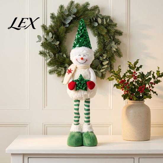 Retractable Long Leg Snowman Dolls Christmas Plush with Extendable Legs, Sequins Hat Holding Star Festive Party Supplies Doll, Standing Legs