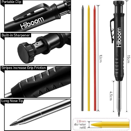 Hiboom 5 Pcs Mechanical Carpenter Pencil, 30 Pcs Refills Needle Nose Tip Hole Marker with Built in Sharpener, Scribe Making Tools for Woodworking,