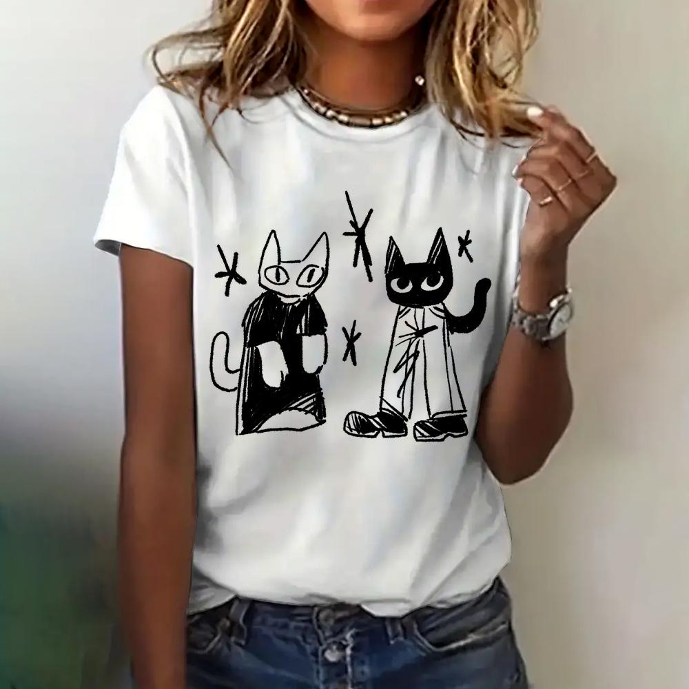Футболка с 3D-принтом, женская одежда, летняя, с круглым вырезом, дышащая, с коротким рукавом, с милым рисунком кота, свободная, повседневная одежда, женская футболка