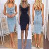 Women's Sleeveless U Neck Strap Distressed Casual Slim Fit Knee Length Denim Dress