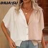 Women's Summer Fashion Color Matching Cardigan Buckle with Short Sleeve Women's Top