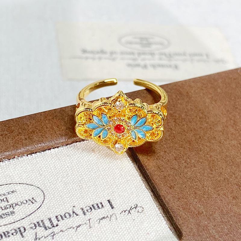 Flowering Color Medieval Enamel Open Ring Retro National Tide Pattern Personalized Heavy Industry Exquisite Niche Ring Woman