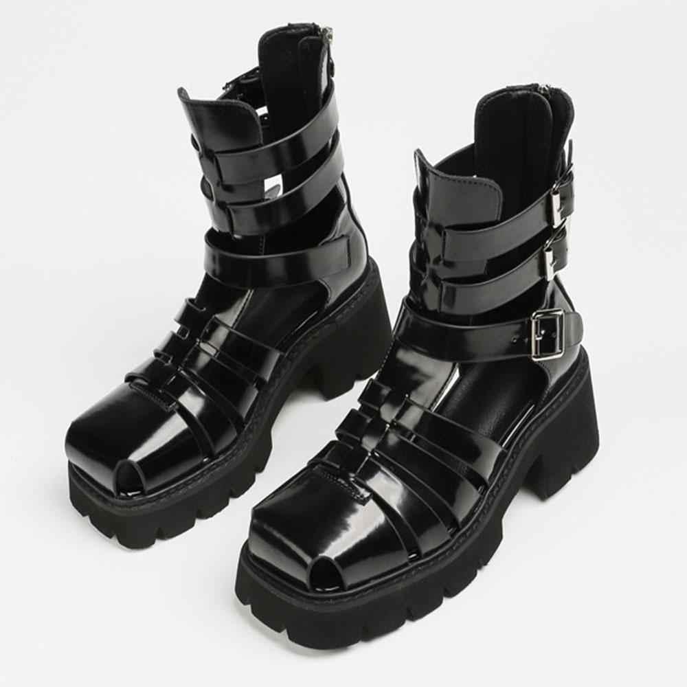 Летние модные женские сандалии в полом римском стиле с квадратным носком, плетеные, дышащие, на толстой платформе, с каблуком-молнией сзади