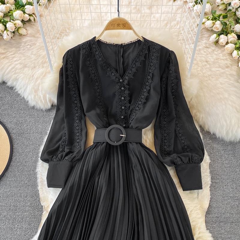 RUGOD Плиссированное платье с v-образным вырезом и вышивкой на талии в этническом стиле, темпераментное большое распашное платье