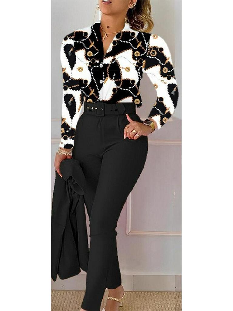 Принтованный топ с длинным рукавом и однотонный брючный костюм с поясом