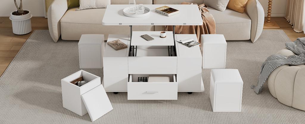Coffee table, height-adjustable, movable sofa table, 4-in-1 multifunctional, convertible into living room dining table, with drawers, 4 stools, white