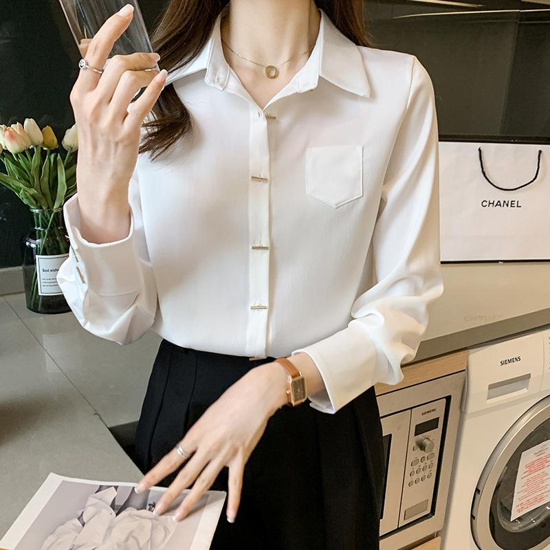 Осенняя корейская версия Slim Fit Temperament Commuting Formal OL Basic Style Long Sleeves Base Gate White Shirt Womens Top