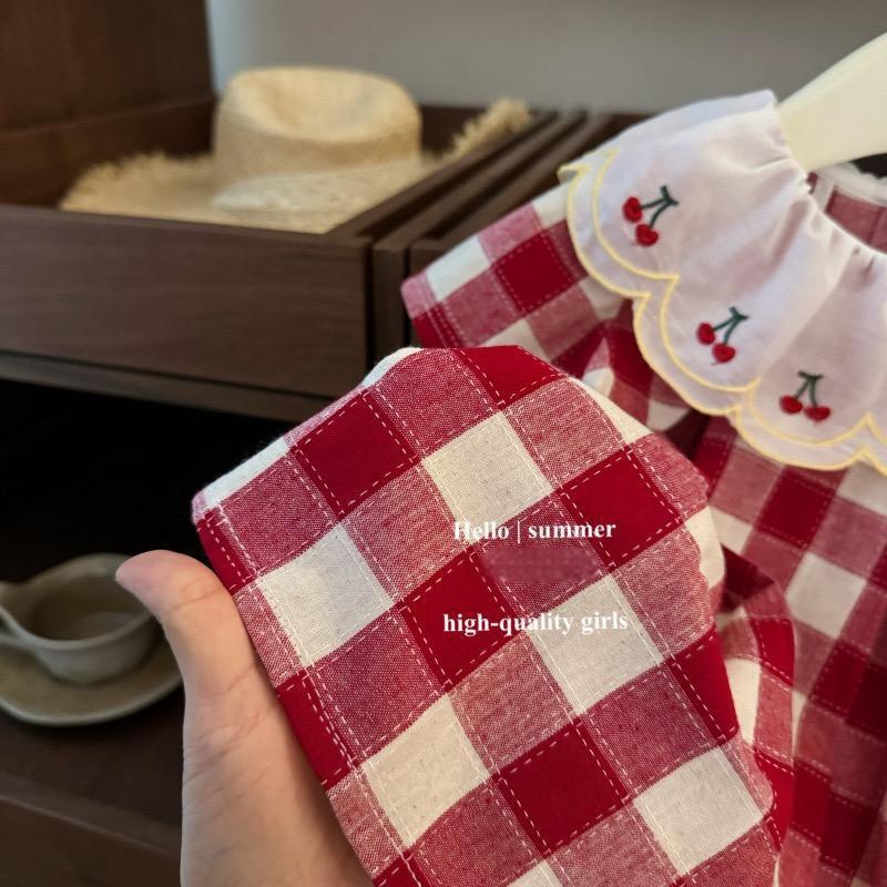 Girls Plaid Dress Cherry Embroidery Peter Pan Collar Princess Style Toddler Kids