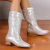 Fashion High Quality Shoes Western Cowboy Boots Fashion Women Mid-calf Boots Glitter Bling Shiny Trend High Heels Botas Mujer 2024