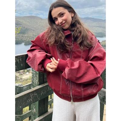 Женская куртка-бомбер из кожи на молнии, пальто, свободная куртка с контрастной строчкой и длинным рукавом, осенняя верхняя одежда для мотоциклистов