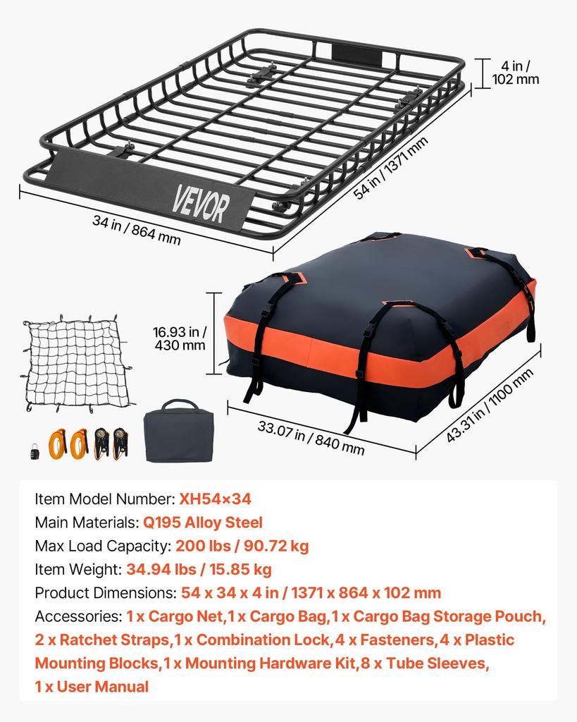 Roof Rack Cargo Basket, 1371 x 864 x 102 mm, Heavy Duty Roof Top Carrier Basket with Waterproof Bag, Cargo Net, Ratchet Straps, 90.72 kg Capacity,