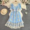 Summer Women Vintage Palace Mesh Embroidery Flower Party Dress Fashion Square Collar Tulle Dresses