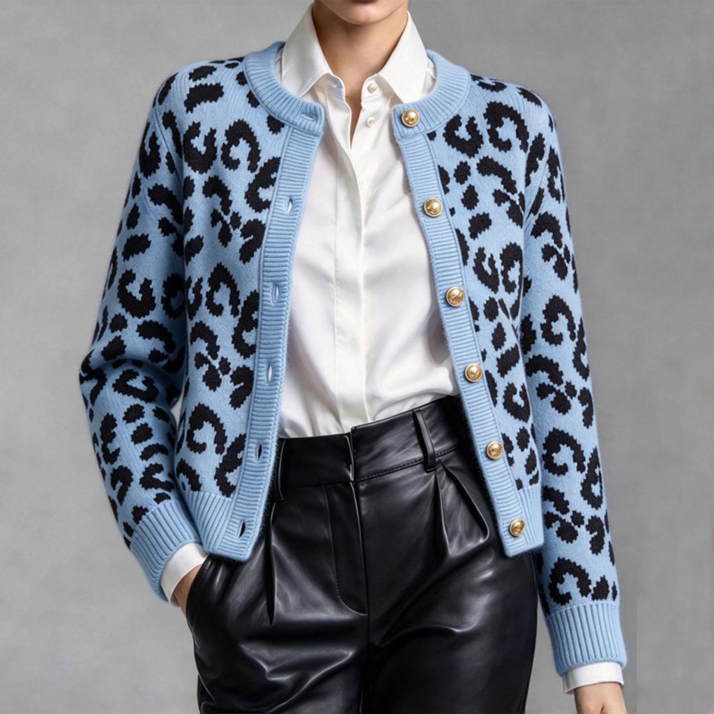 Women's Leopard Print Knit Cardigan Long Sleeve Round Neck Trim Casual Outerwear