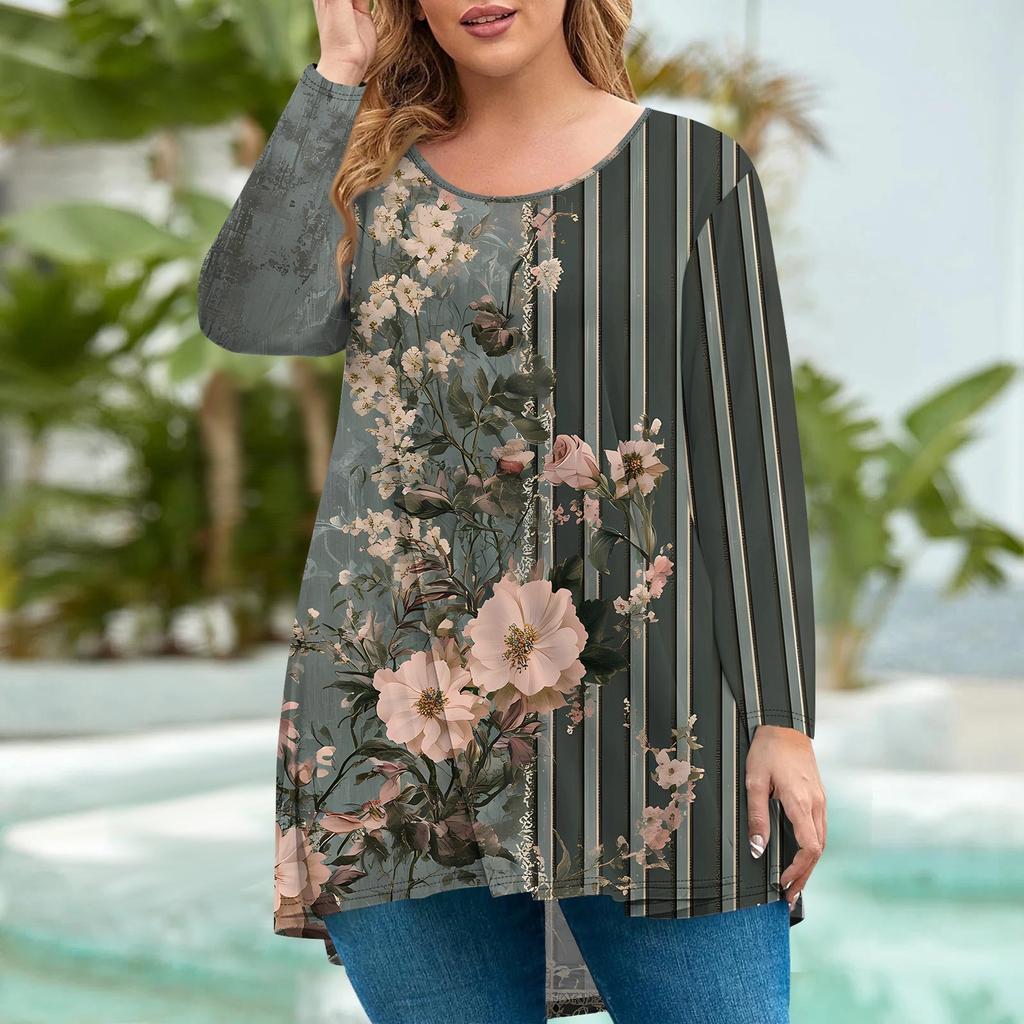 Женская мода большого размера с круглым вырезом и длинным рукавом, повседневный свободный пуловер с принтом