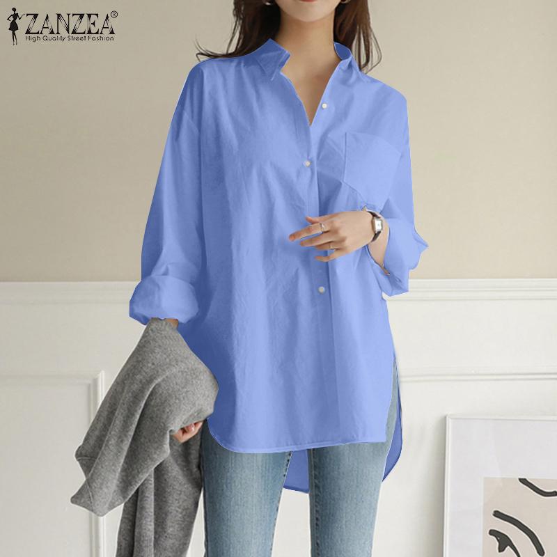 ZANZEA Женская свободная повседневная блузка с отложным воротником и длинным рукавом