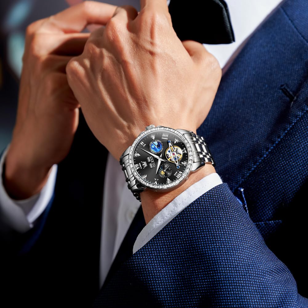 OLEVS автоматические часы механические скелетонированные бриллианты популярные календарные водонепроницаемые светящиеся часы для мужчин из нержавеющей стали стильные брендовые черные мужские