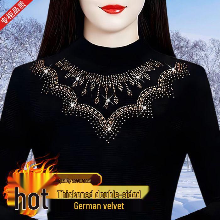 2024 Осень/Зима Женский Премиальный Топ Базового Слоя Облегающего Кроя Однотонный с Горячей Стразой