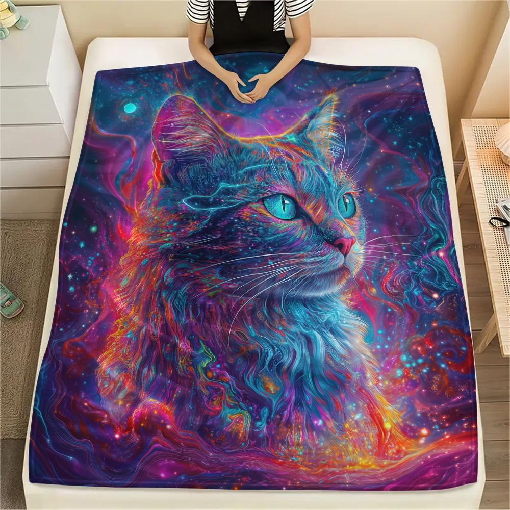 Neon Cats Print Flannel Blanket, High quality Comfortable for All Seasons, Home Decor, Warmth and Comfort