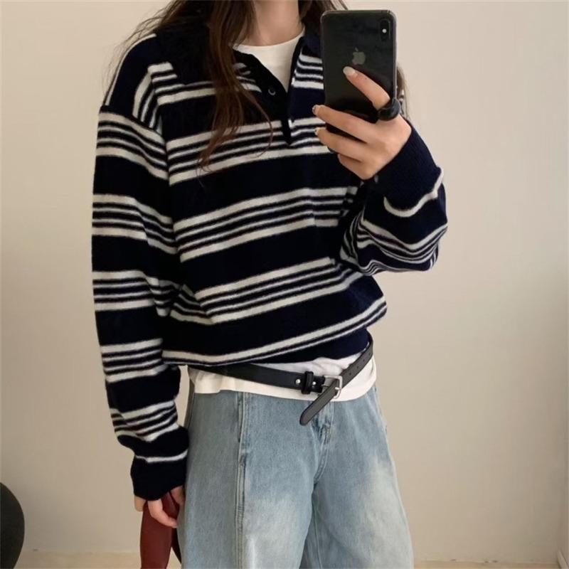 College Style Color Matching Striped Long-sleeved Knitted Sweater Autumn and Winter New Loose and Thin Casual Collar Pullover Sweater Women