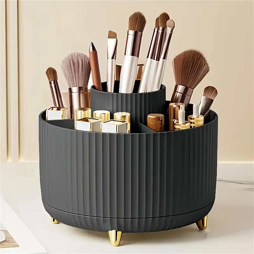 1PC 360° Rotating Makeup Organizer Multi-Functional Plastic Cosmetic Storage with 5 Compartments Brush Holder for Desktop