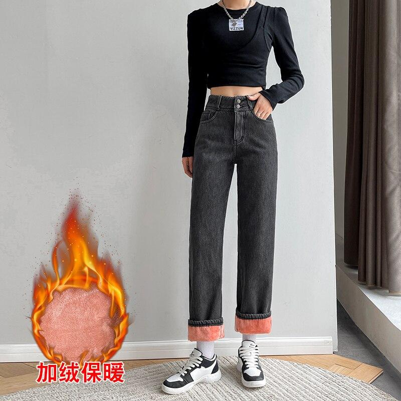 Винтажные женские джинсы с высокой талией, зимние толстые теплые уличные джинсы, широкие джинсы, женские джинсовые брюки, прямые мешковатые джинсовые брюки для мам