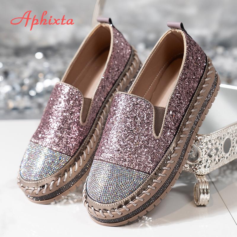 Aphixta Роскошные Серебряные Кристаллы Балетки Женские Натяжные Красные Сексуальные Платформа Повседневные Женские Туфли Швейные Балетки Женские Лоферы со Стразами