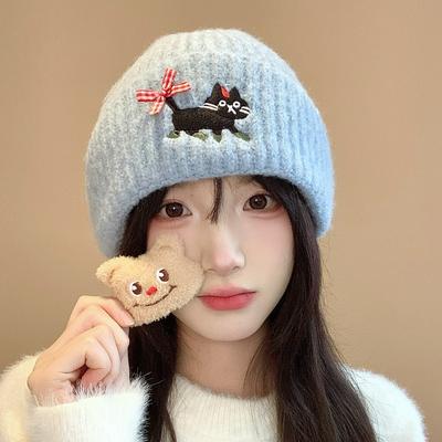 Шерстяная милая шапка с вышивкой котенка для женщин, осенне-зимняя новинка в японском стиле, теплая и универсальная маленькая шапка-пуловер с лицом