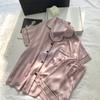 Women 2Pcs Sleep Lounge Set Seamless Satin Pajama Top & Short Set Striped Button Up Short Sleeve Shirt & Pants Pajamas